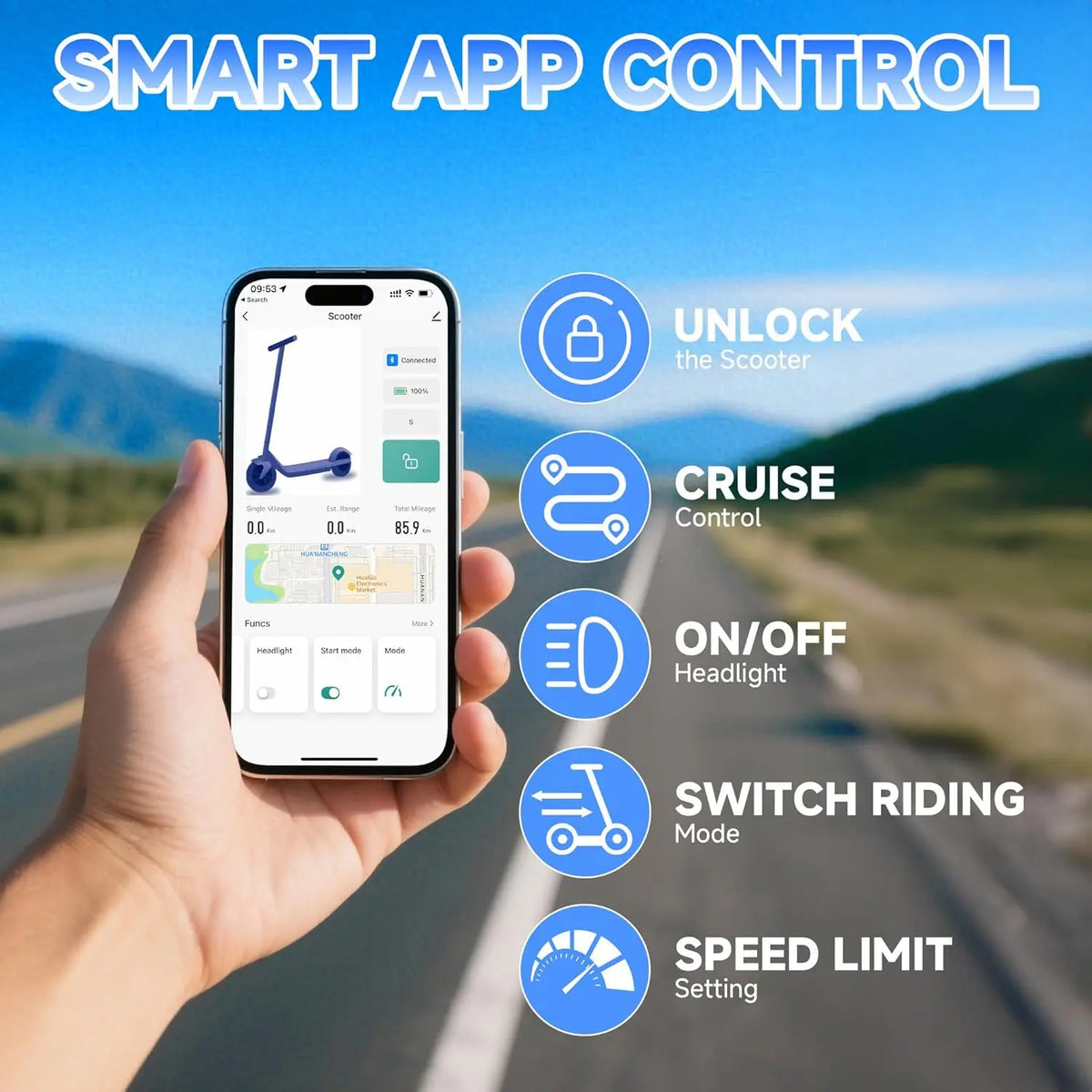 Electric scooter smart app control for locking, cruise control, headlight, riding mode and speed settings.