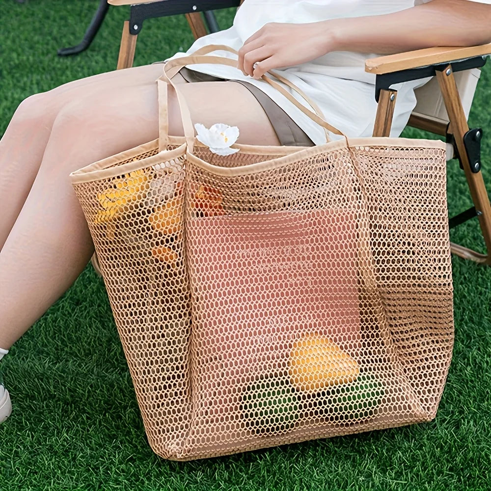 Women's Large Capacity Beach Tote Bag – Durable Polyester Woven Shoulder Bag for Travel & Shopping