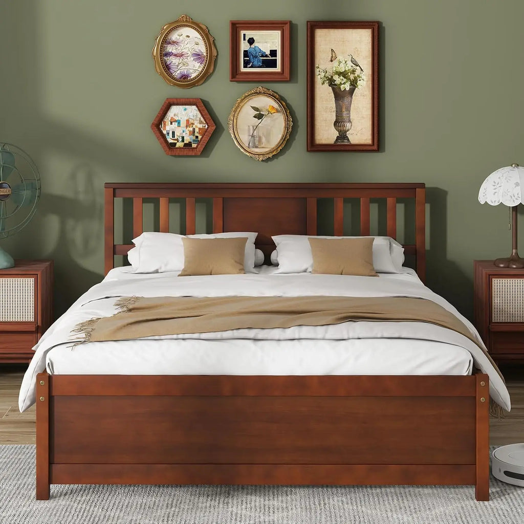 Farmhouse Solid Wood Full Size Bed Frame with Headboard – Platform Bed, Wooden Slat Support, No Box Spring Needed
