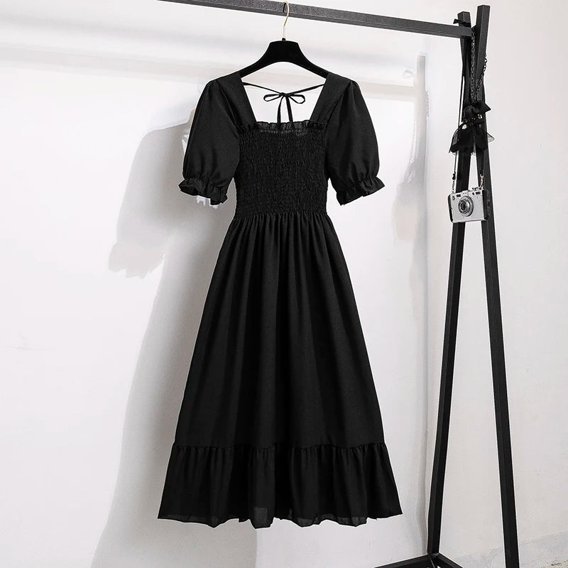 Chiffon A-Line Midi Dress — Elastic Waist Short Sleeve Casual Dress