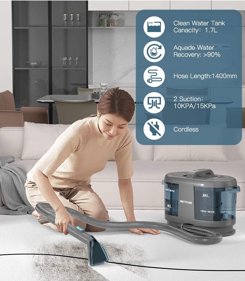 PrettyCare PC808 Cordless Carpet & Spot Vacuum Cleaner — 1.4m Hose, 30-Min Runtime, Wet Sprayer for Sofa & Car