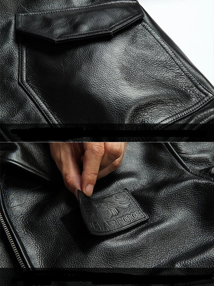 Men's Black Glossy Genuine Cowhide MA-1 Flight Jacket — Military Bomber with Point Collar