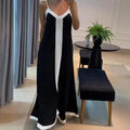 Black & White Contrast V-Neck Sleeveless Loose Long Dress — Elegant Casual Summer Dress