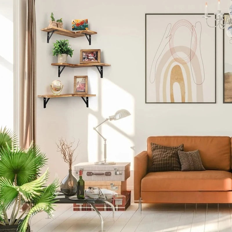 L-Shaped Wood Corner Floating Shelves — Wall-Mounted Bookshelf for Living Room, Bedroom & Kitchen