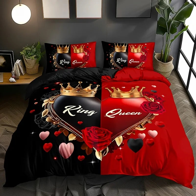 Dark Red & Black Letter Print Bedding Set – 3-Piece Duvet Cover, Queen & King