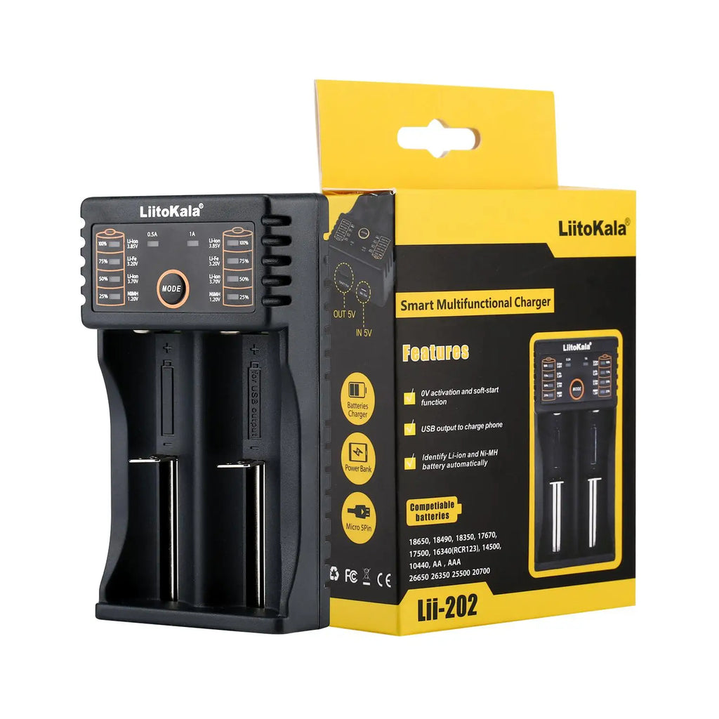 LiitoKala Lii-202 Smart Battery Charger – 18650, 21700, 26650, 14500 NiMH & Li-ion Universal Charger