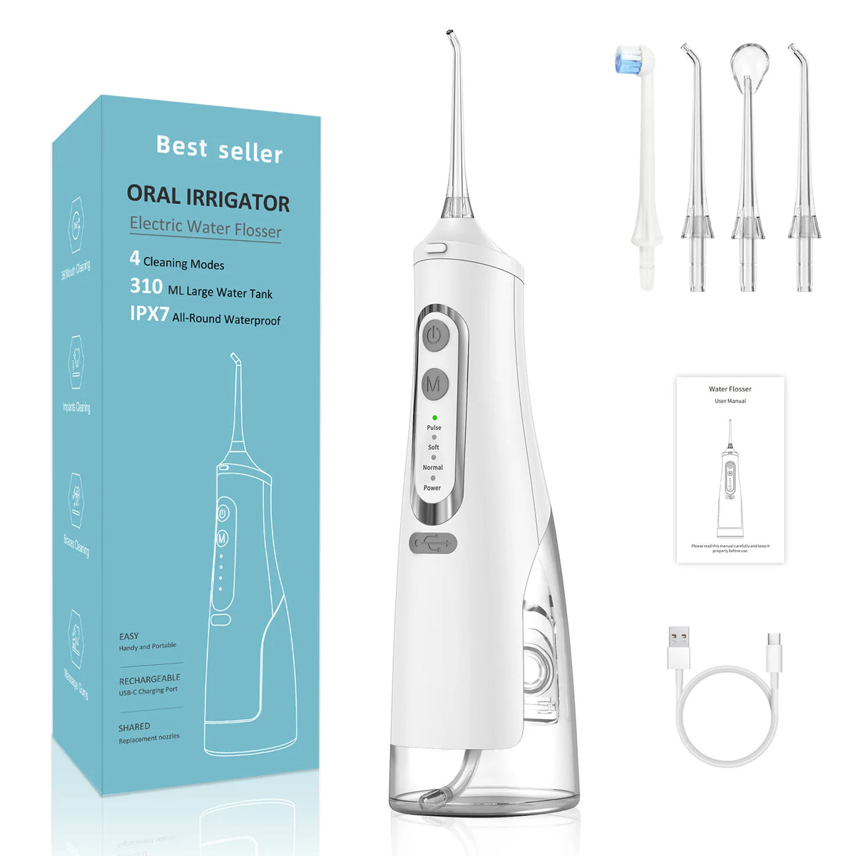 Portable Oral Irrigator – USB Rechargeable, 310ml Tank, 4 Pressure Modes, IPX7, 4 Nozzles