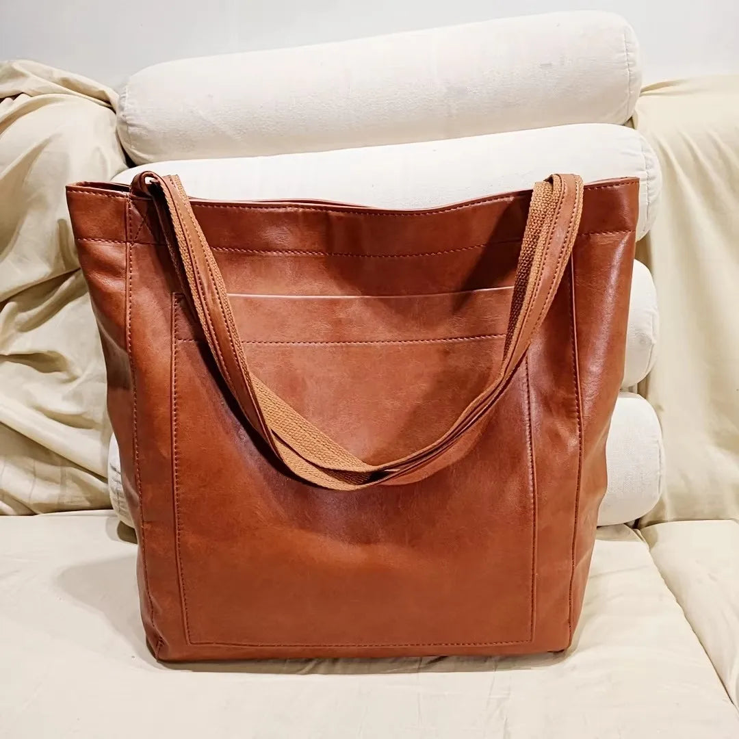 SNOWJENNY Retro Waxed PU Large Tote Bag – Commuter Shoulder Handbag with Pockets for Women