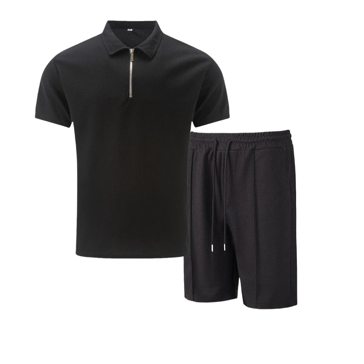 Men's Waffle Solid Color Zip Lapel Short Sleeve & Shorts Set – European Summer 2-Piece Suit
