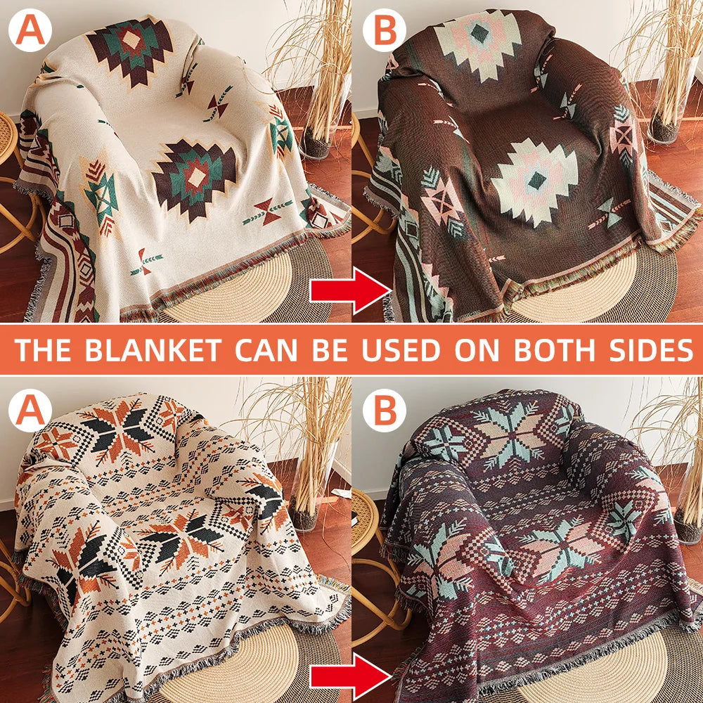 Aztec Boho Throw Blanket with Fringe – Oversized Southwestern Geometric Tapestry, Double-Sided Woven