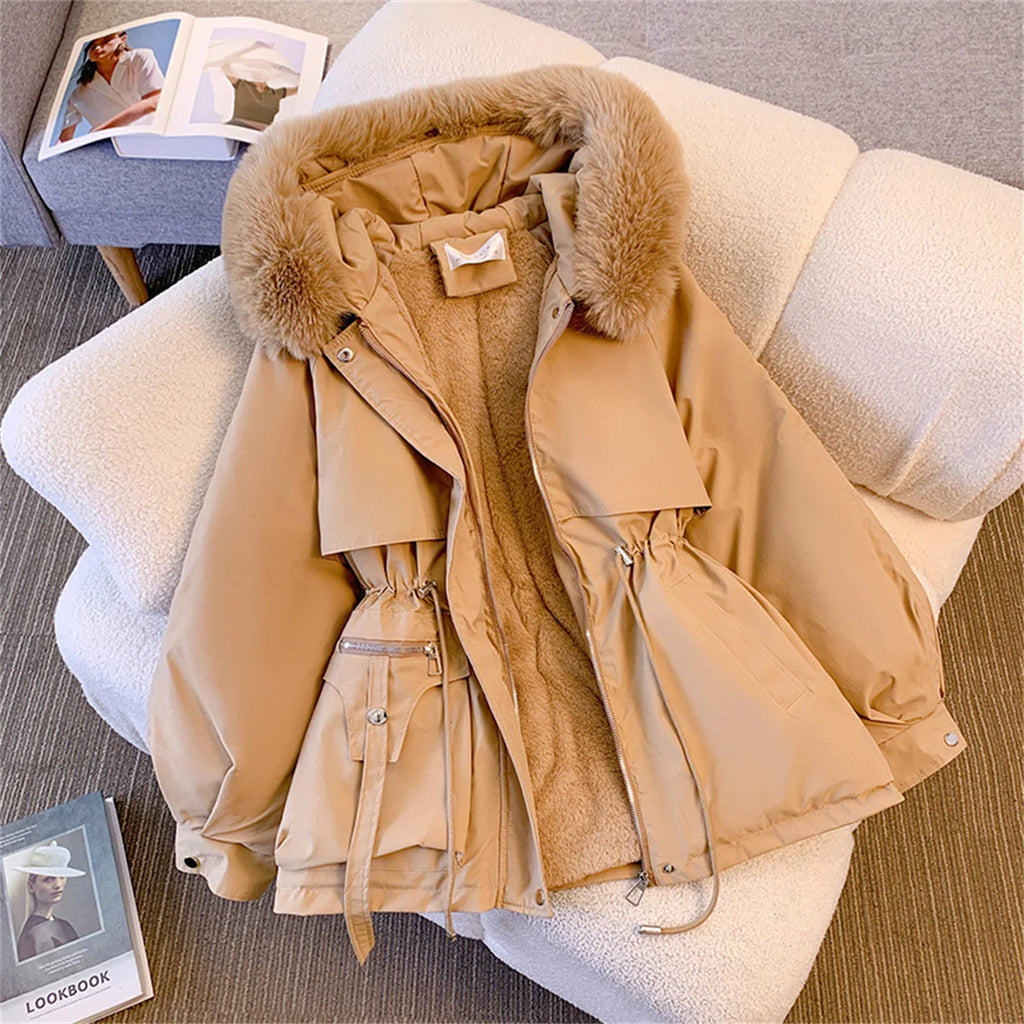 Women's Korean Hooded Padded Parka – Thick Zip-Up Drawstring Winter Coat