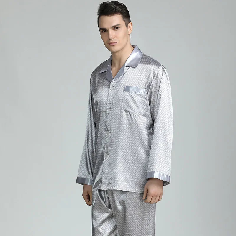 Men's Ice Silk Satin Pajama Set — Long Sleeve Top & Pants Sleepwear
