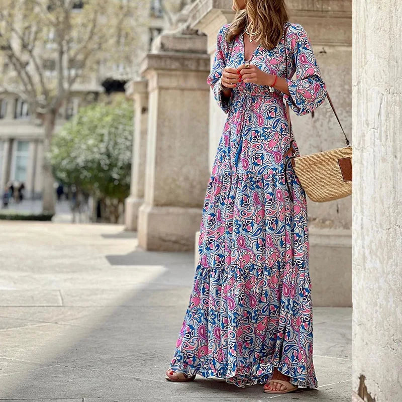 Women's Printed V-Neck Long Sleeve Bohemian Midi Dress – High Waist Elastic Waist Dress