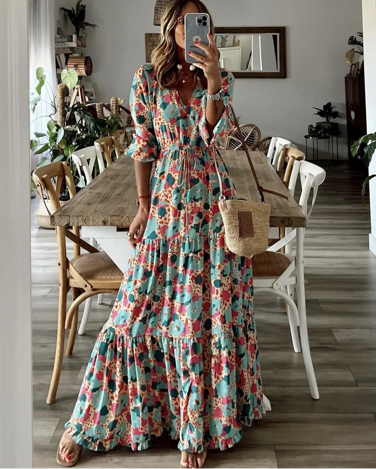 Women's Printed V-Neck Long Sleeve Bohemian Midi Dress – High Waist Elastic Waist Dress