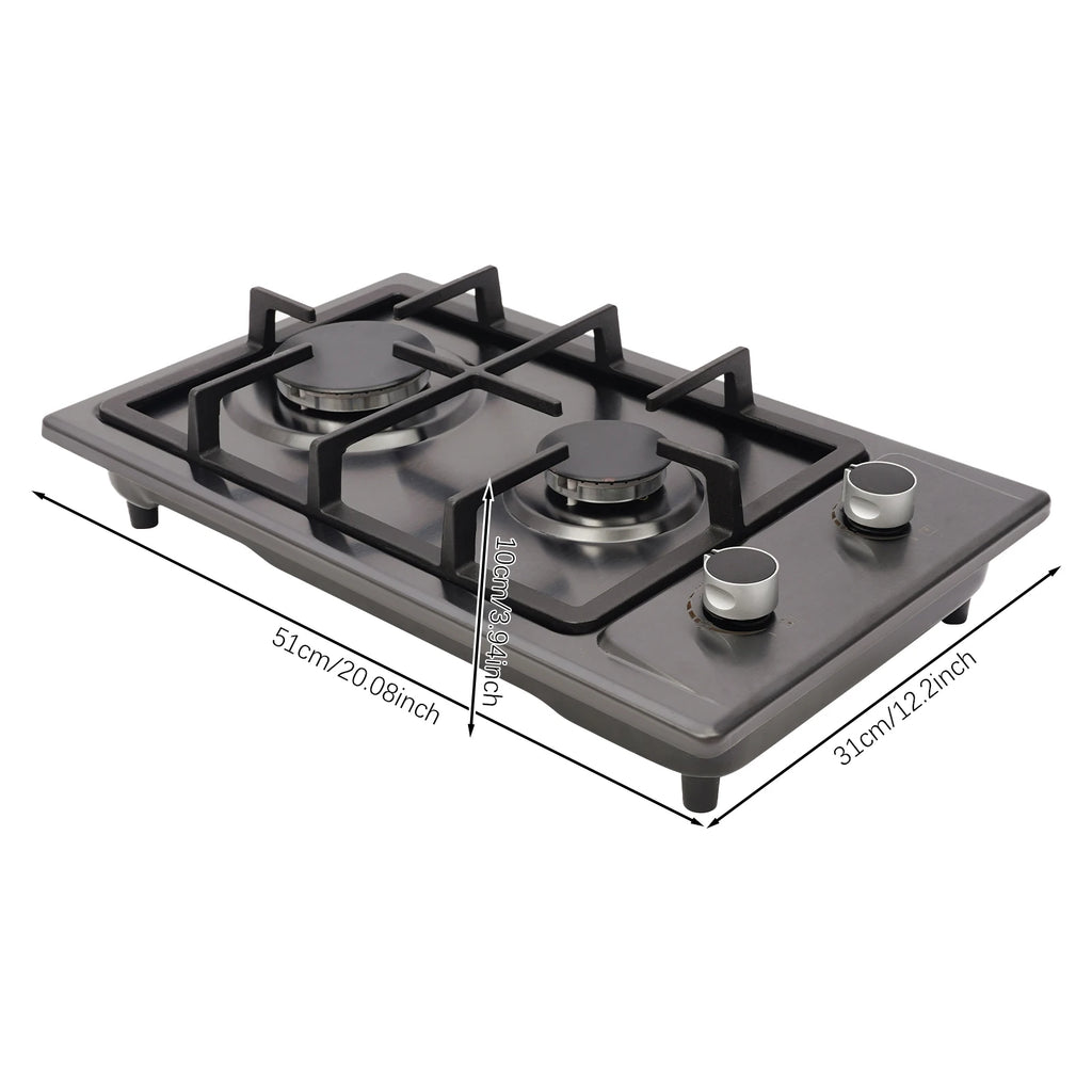 2-Burner Stainless Steel Gas Hob – 3KW + 1.75KW, Portable Countertop or Flush Mounted, 51x31x10cm