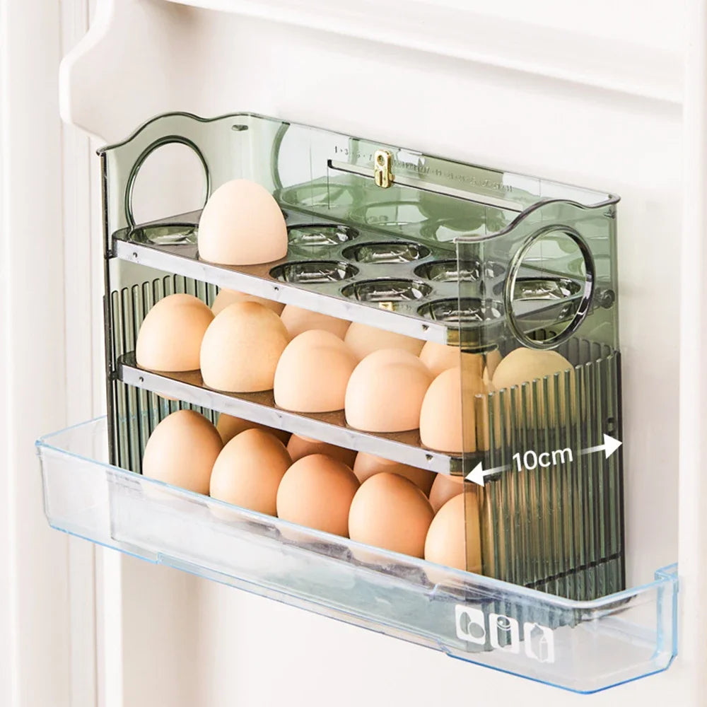 3-Layer Flip Egg Storage Box for Refrigerator – Holds 30 Eggs, Space-Saving Fridge Door Organizer