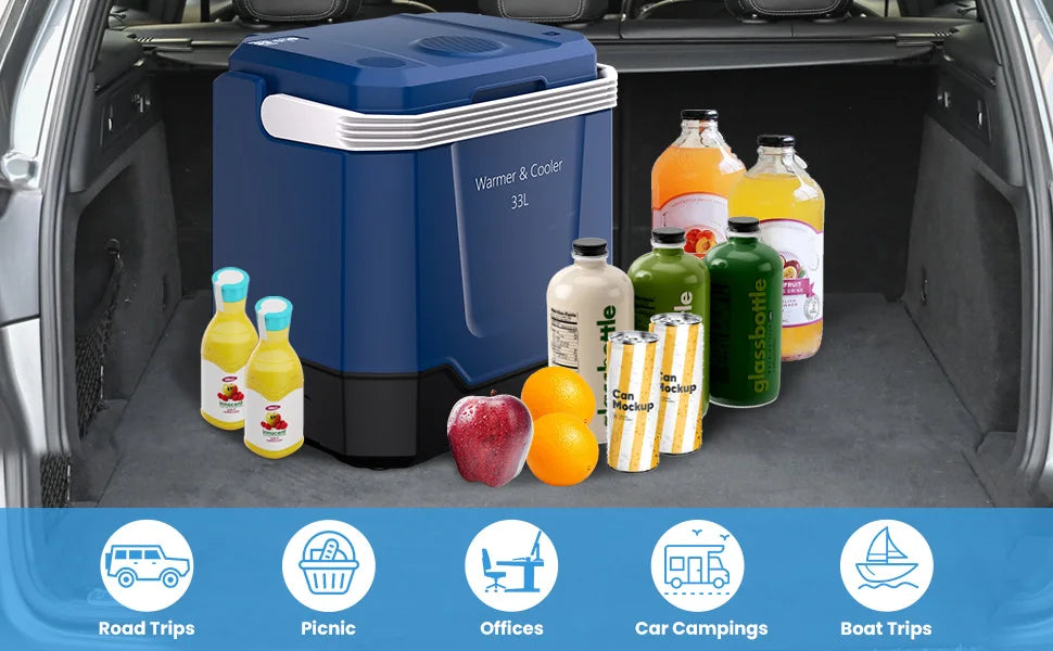 35QT Electric Cooler — Portable Car Refrigerator & Plug-In Cooler with 12V DC & AC Power, Locking Handle for Camping, Road Trips & Home Use