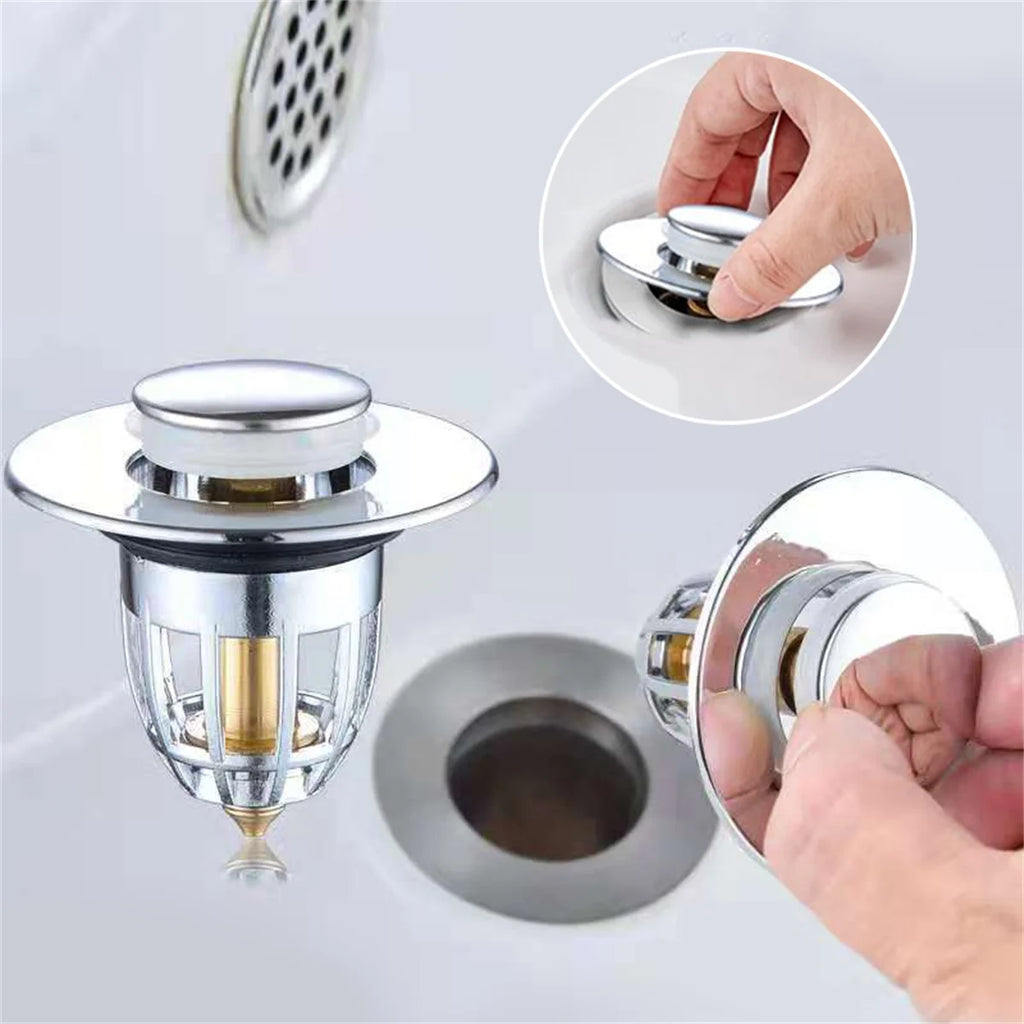 No More Clogged Drains — Pop-Up Chrome Sink Drain Stopper | Universal Rebound Filter with Hair Catcher, Easy Push Type