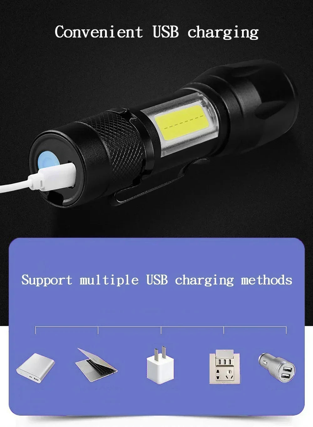 2000 Lumen P50 LED Tactical Flashlight – IP67 Waterproof, Telescopic Zoom, LCD Display, Type-C Rechargeable