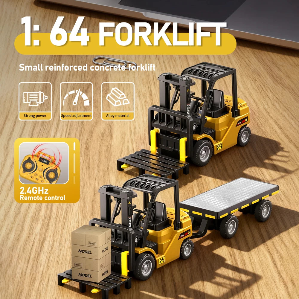 1:64 Mini RC Crane & Forklift 2-in-1 – Bluetooth Alloy Toy Car with Trailer