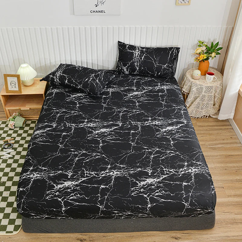White Marble Print Fitted Bed Sheet with Elastic Band | Single, Queen & King Size, All-Around Bed Cover