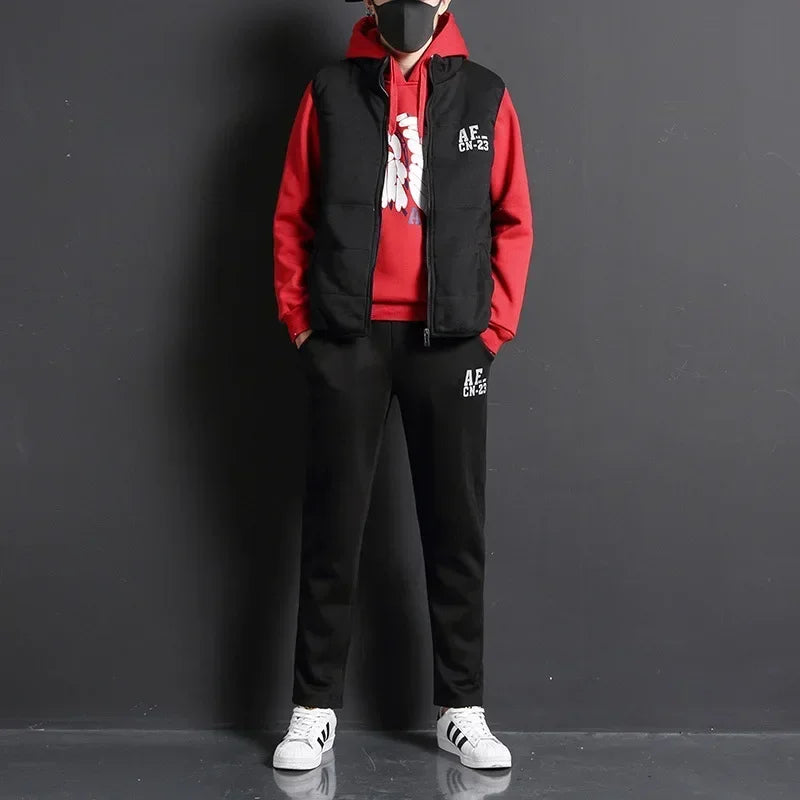 Men's 3-Piece Winter Tracksuit – Hoodie, Vest & Pants Thick Warm Set