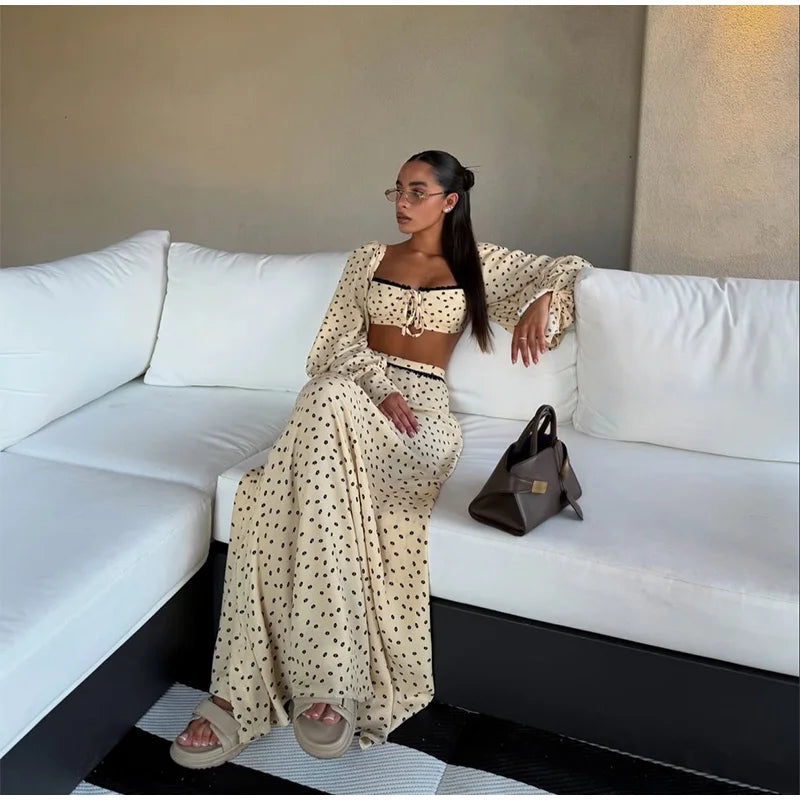 Polka Dot Puff Sleeve Crop Top & Maxi Skirt Set — Square Neck Tie-Front Vacation Outfit