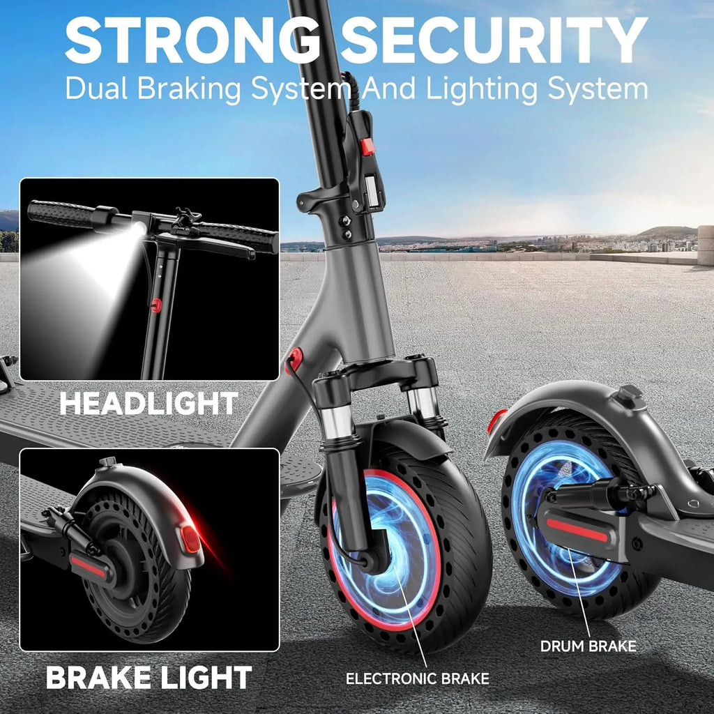 Electric scooter headlight, brake light, electronic brake and drum brake features.