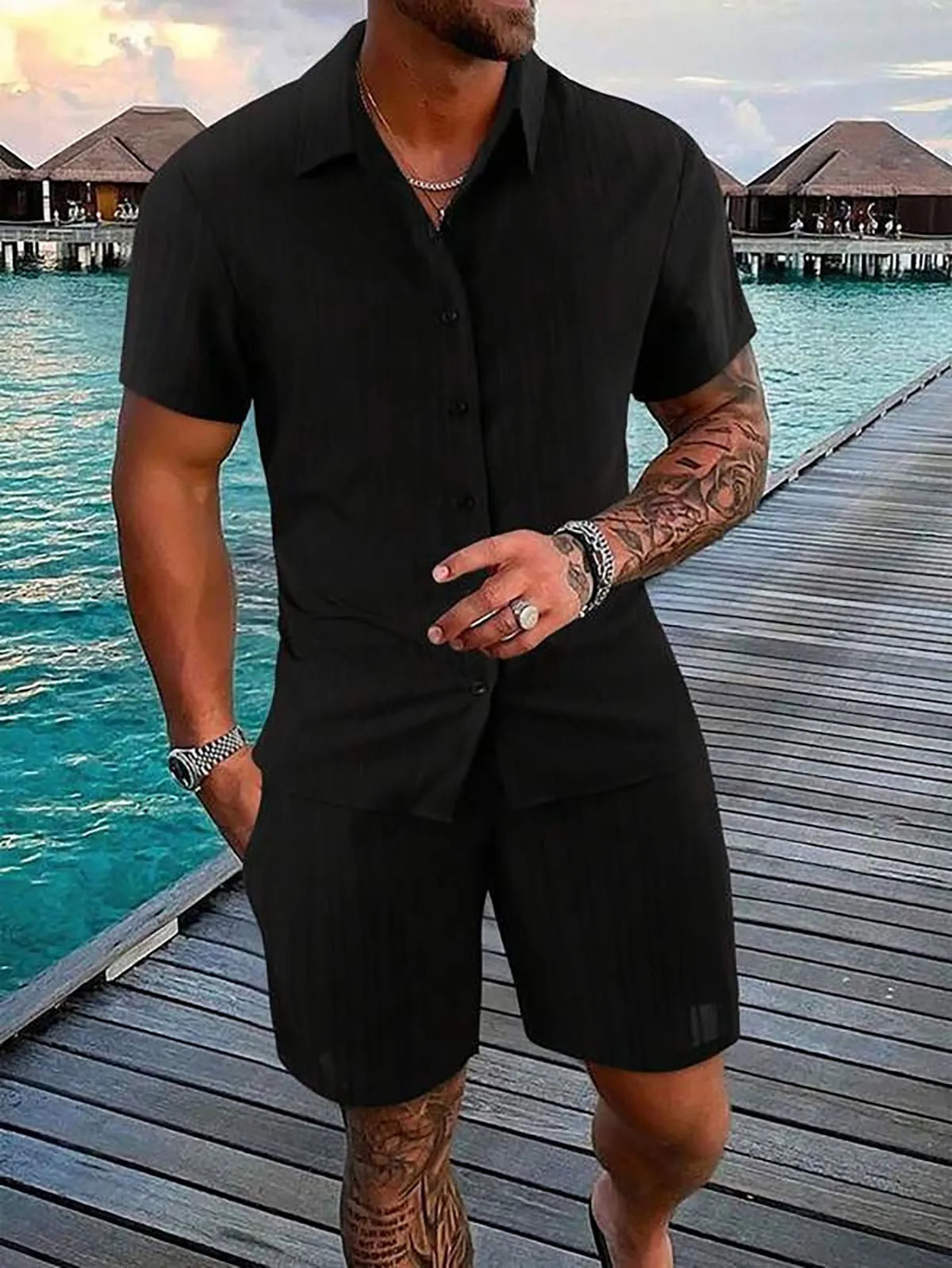 Men's Striped Polo Cardigan & Drawstring Shorts Sports Suit – Solid Color 2-Piece