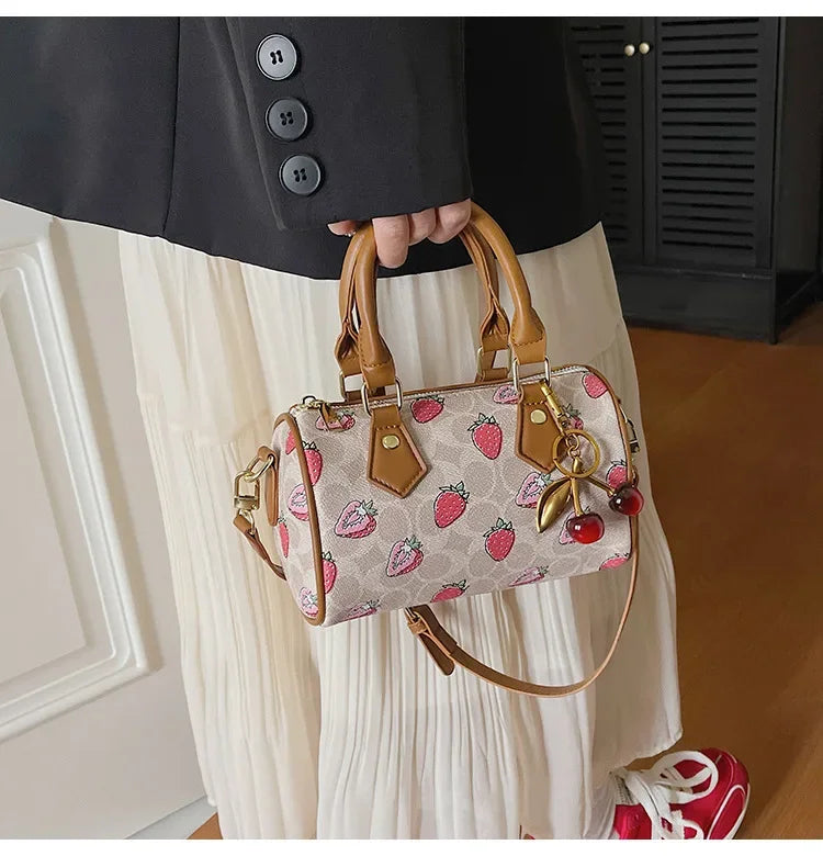 Cherry Print PU Leather Boston Crossbody Shoulder Bag – Luxury Designer Handbag for Women