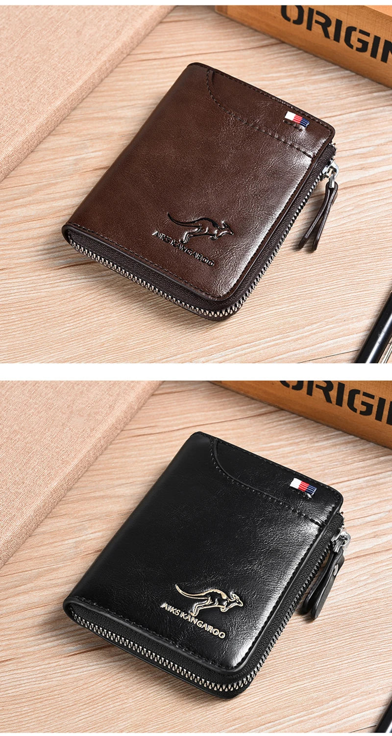 Men's RFID Leather Business Wallet – Zipper Card Holder Purse with RFID Protection