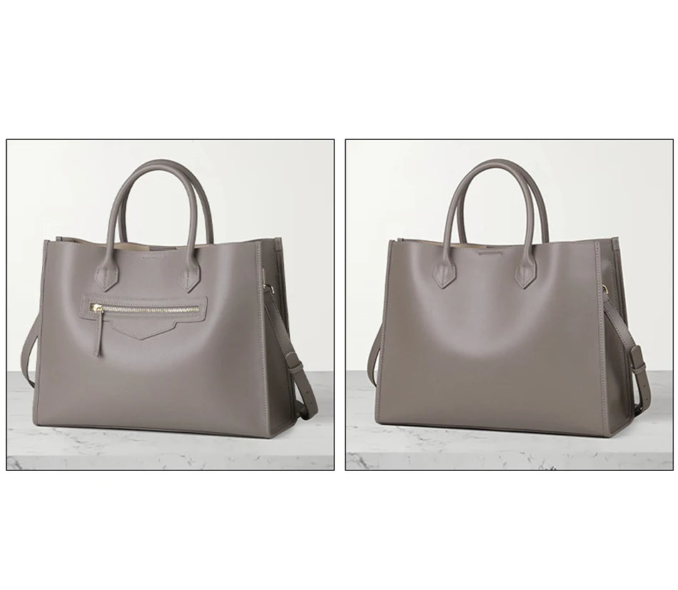 Luxury Cowhide Leather Tote Bag – Large Capacity Shoulder Bag with Laptop Compartment for Women
