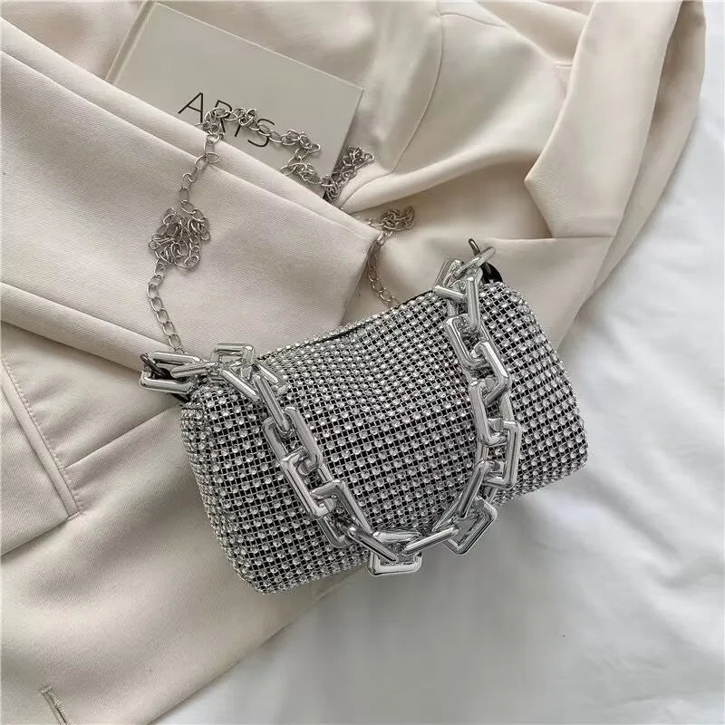 Rhinestone Glitter Mini Crossbody Bag – Chain Prom Purse Pillow Shoulder Bag for Women