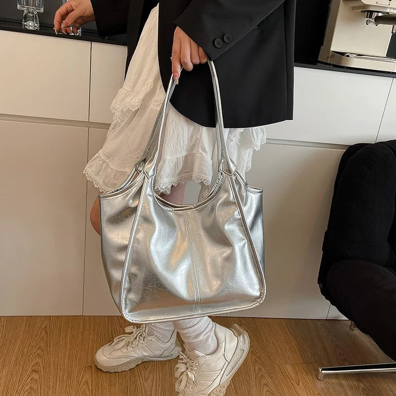 Silver TPU Large Capacity Tote Bag – Luxury Business Shoulder Handbag for Women