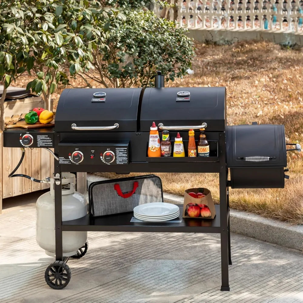 Dual Fuel 2-Burner Grill Combo | Offset Smoker, Side Burner, 34,000 BTU, 1020 Sq. In. Cooking Area, Gas & Charcoal Outdoor Grill