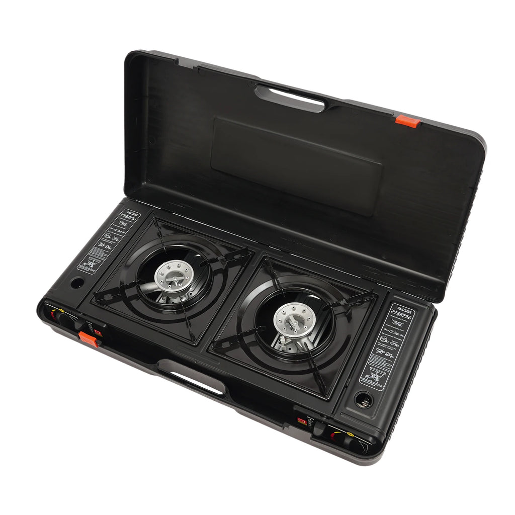 2-Burner Portable Camping Stove — 2500W Each, Butane/LPG, Piezo Ignition, Carry Case Included