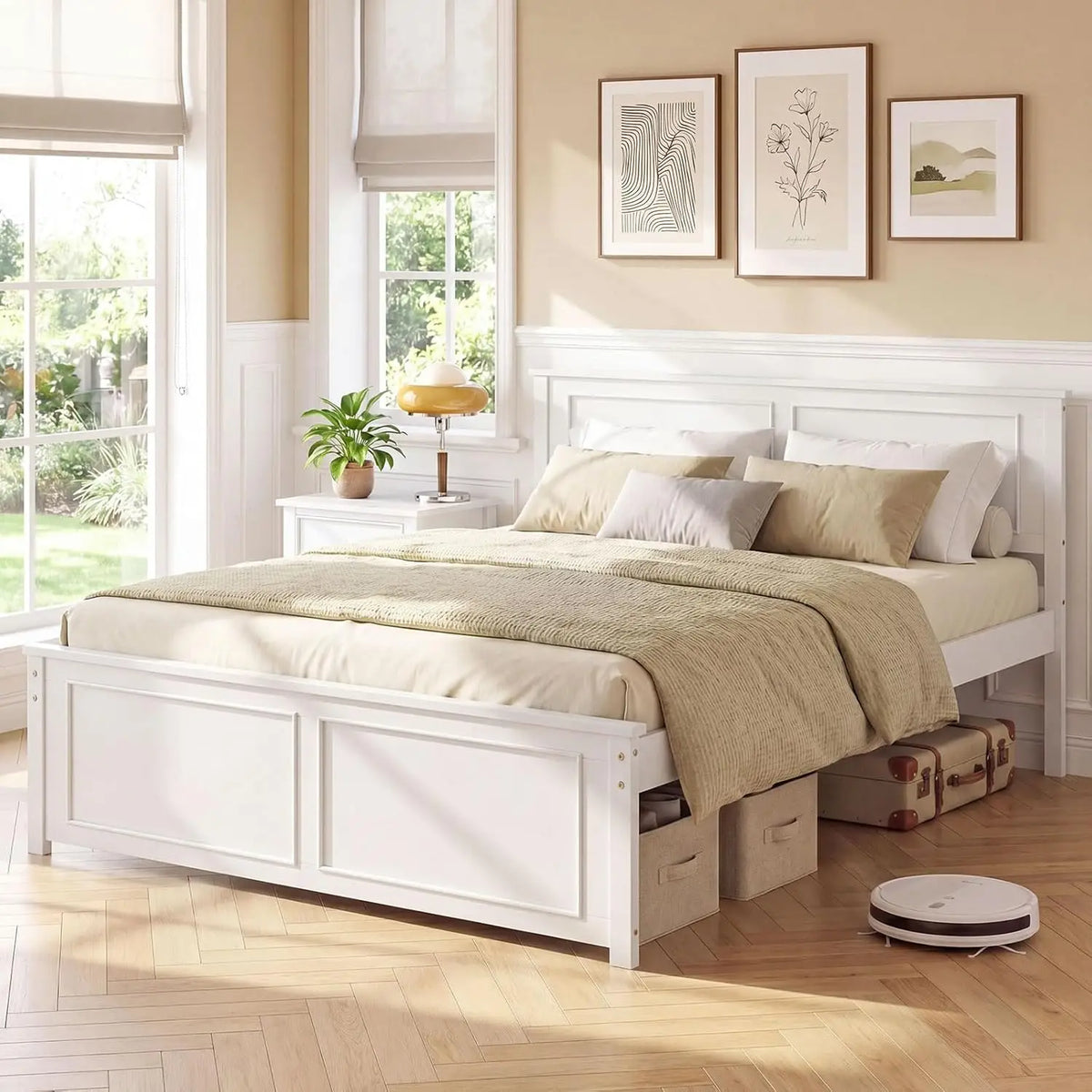 Farmhouse Solid Wood Full Size Bed Frame with Headboard – Platform Bed, Wooden Slat Support, No Box Spring Needed