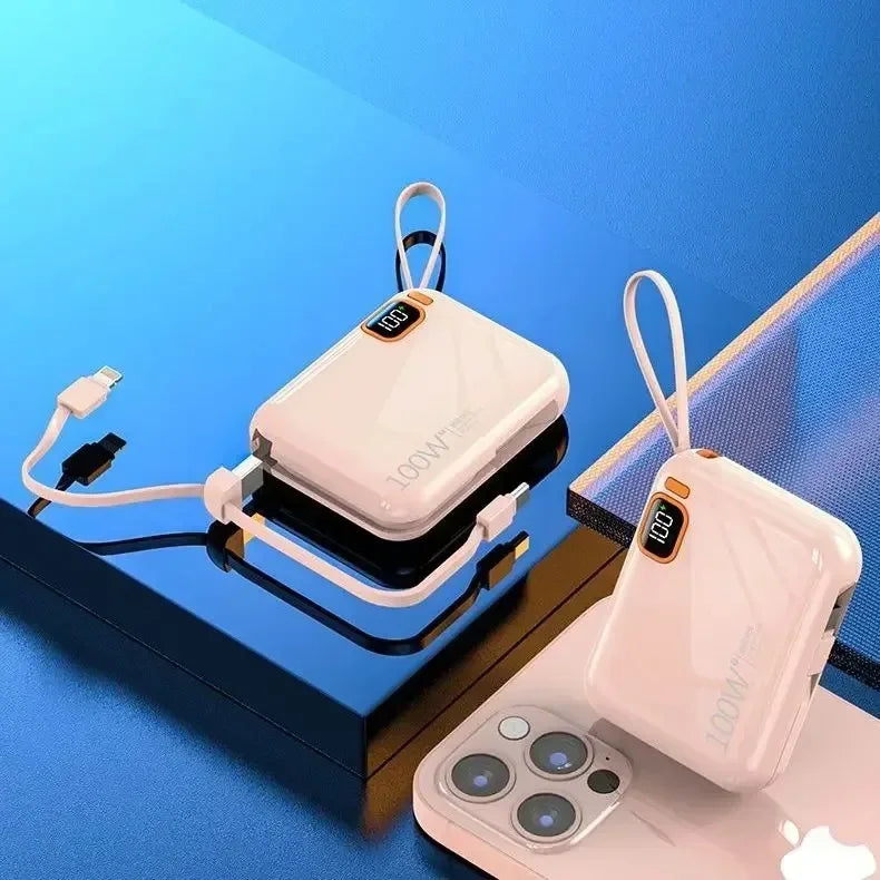 66W Portable Mini Power Bank 20000mAh – Built-in Cable, PD Fast Charging for iPhone & Android