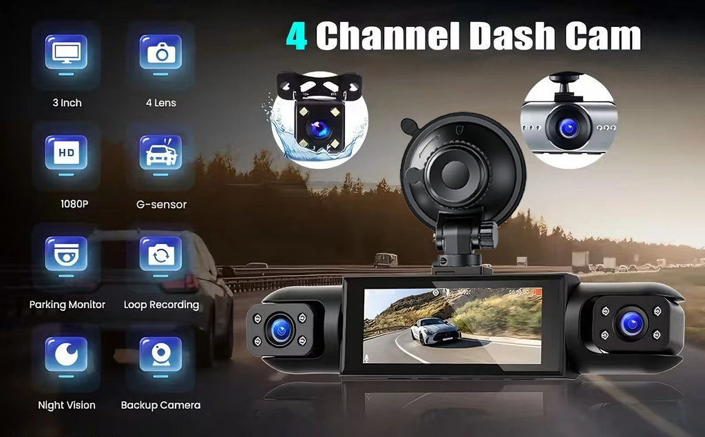 360° 4-Camera Car Dash Cam DVR System – Front, Rear, Interior & Side, Night Vision, Loop Recording
