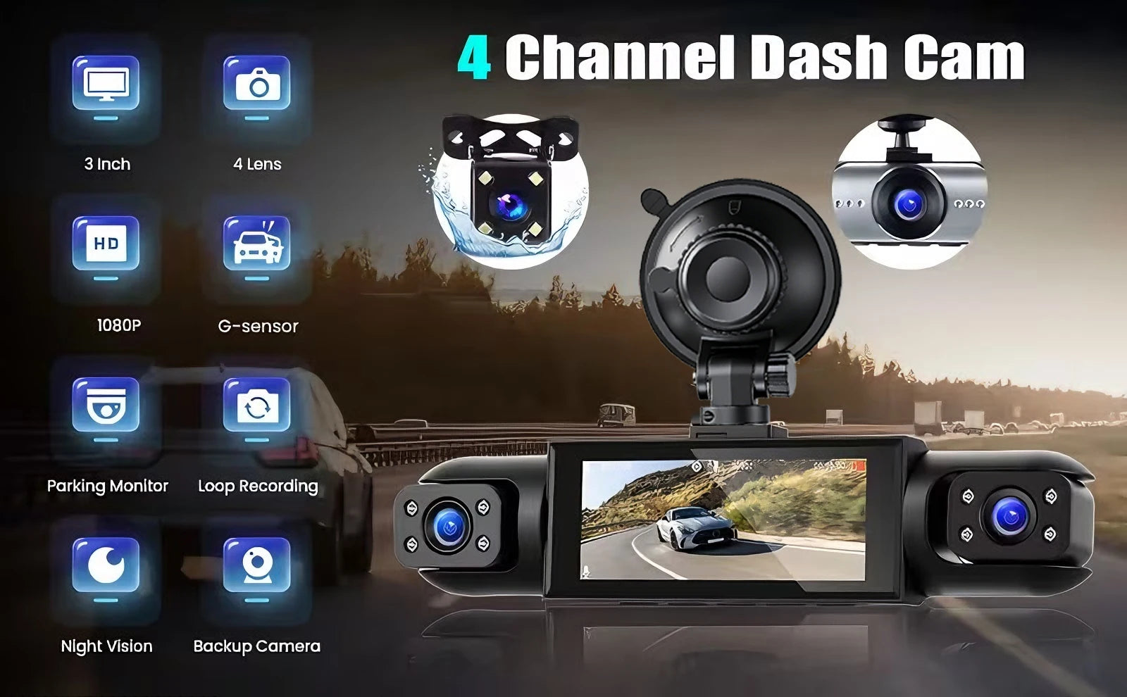 360° 4-Camera Car Dash Cam DVR System – Front, Rear, Interior & Side, Night Vision, Loop Recording