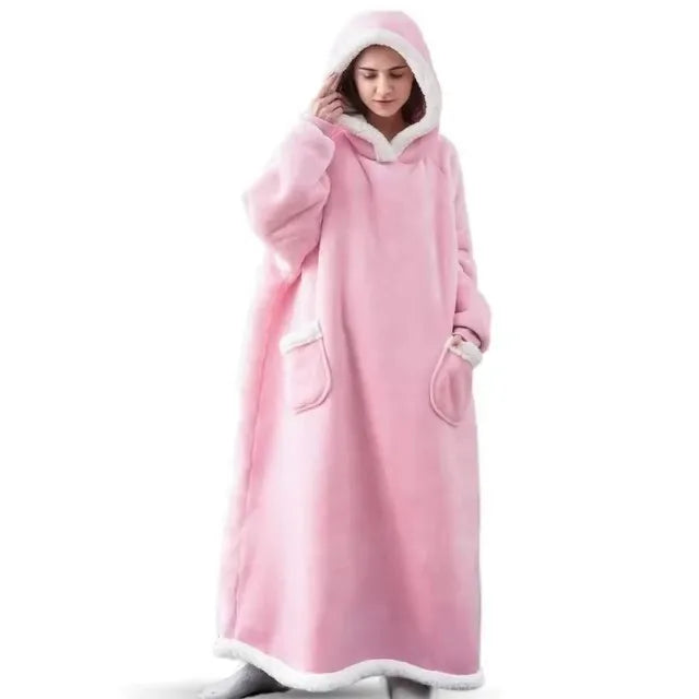 Super Long Flannel Blanket Hoodie – 180cm Oversized Fleece Sweatshirt with Sleeves for Women & Men