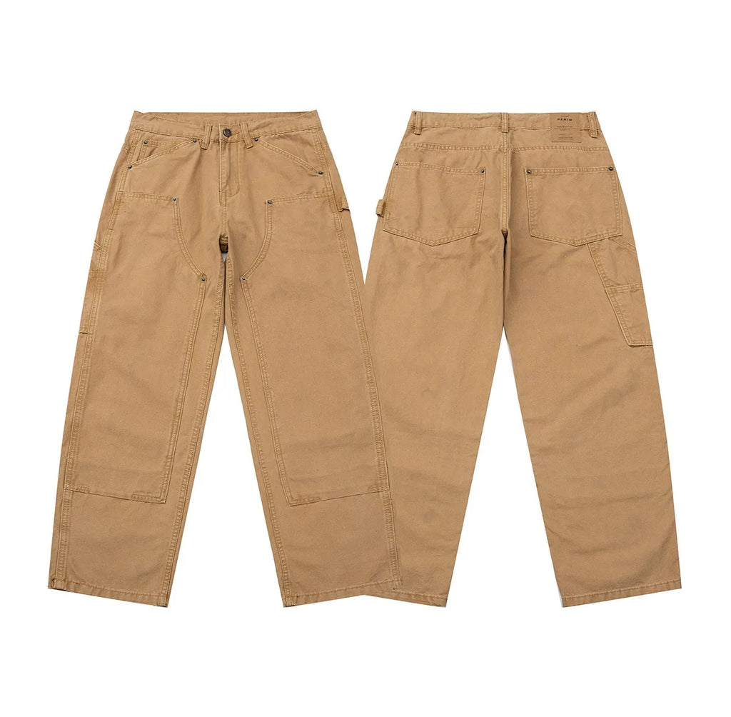 Men's Loose Straight Leg Work Pants – Khaki Cotton Carpenter Trousers