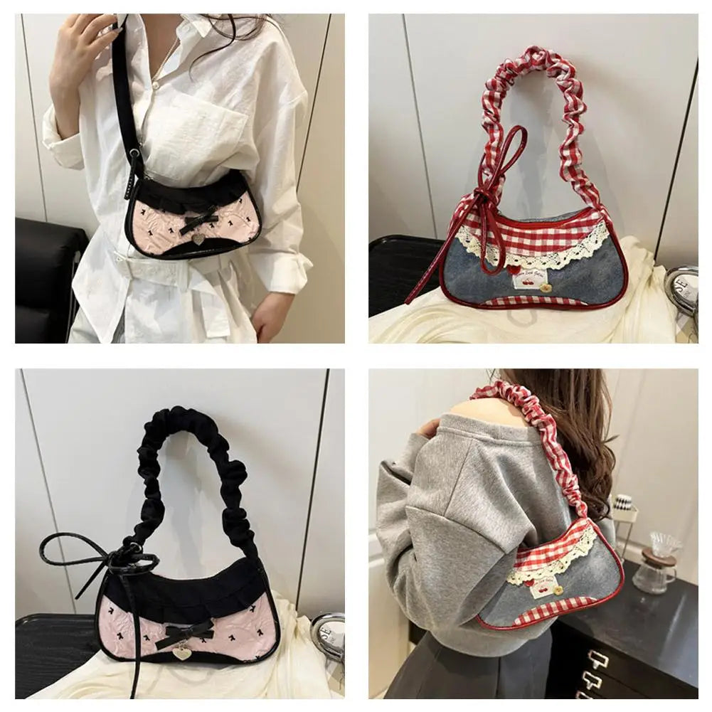 Y2K Checkered Lace Bowknot Shoulder Bag – Sweet Underarm Crossbody Bag for Women