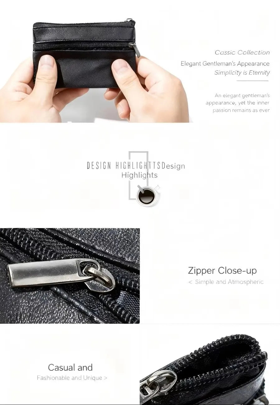 Black Leather Mini Coin Purse – Zipper Wallet & Key Card Holder for Men & Women