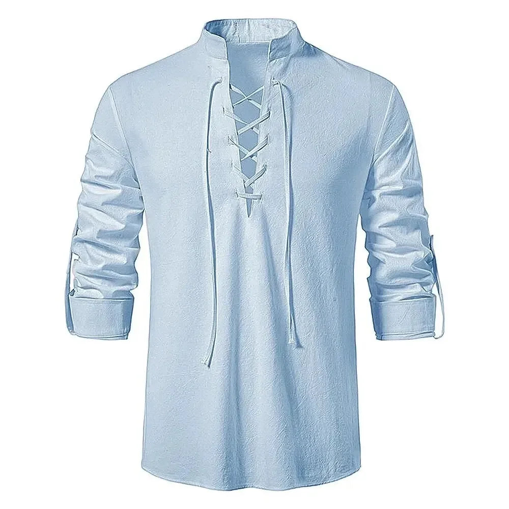 Men's Cotton Linen Drawstring Long Sleeve Shirt — Vintage Casual US Size Top