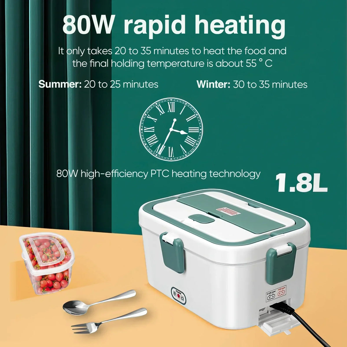 Electric lunch box with heating technology on a table, showing food and utensils.