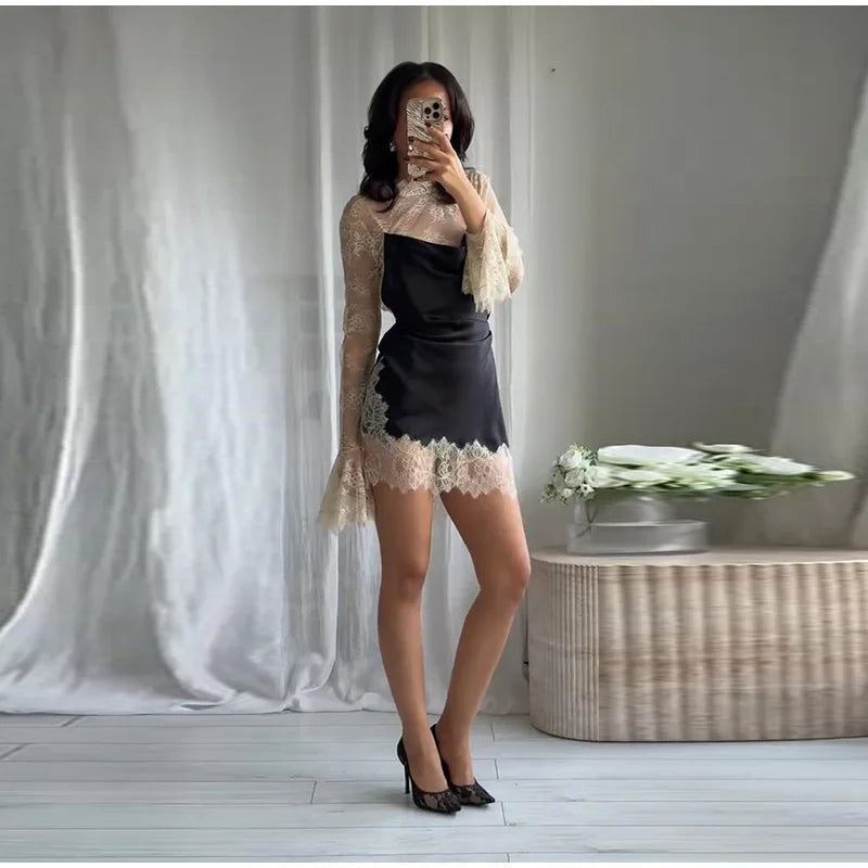 Lace Trim Satin Mini Dress — High Neck Color Block Y2K Party Clubwear