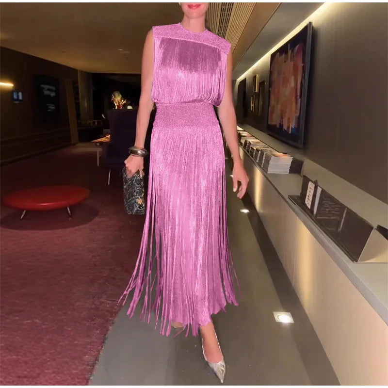 Sequin Tassel Evening Dress — Sleeveless O-Neck High Waist Slim Long Party Dress