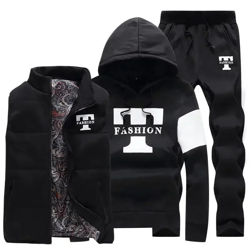 Men's 3-Piece Winter Tracksuit – Hoodie, Vest & Pants Thick Warm Set