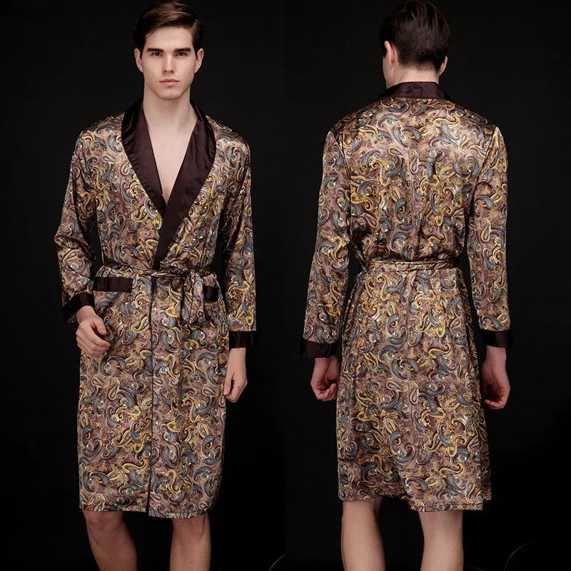 Men's Dragon Print Kimono Bathrobe — Plus Size Satin Robe